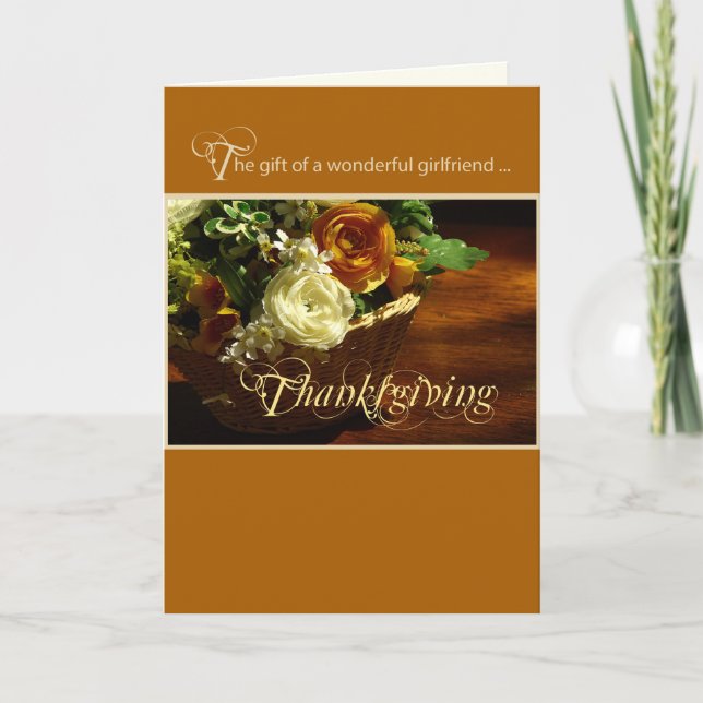 Girlfriend Thanksgiving Flower Basket Holiday Card (Front)