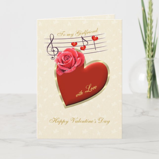 Girlfriend Valentine card - Music, Heart and Rose (Front)