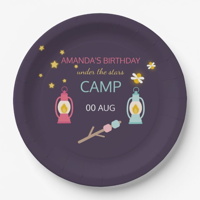 Girlie Glamping Party personalised Paper Plate (Front)