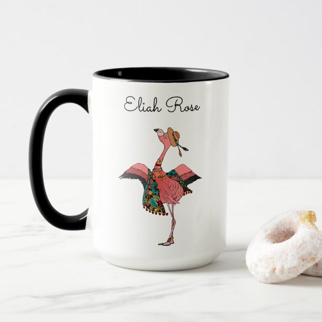 Girlie Personalised Pink Bohemian Flamingo & Name Mug (With Donut)