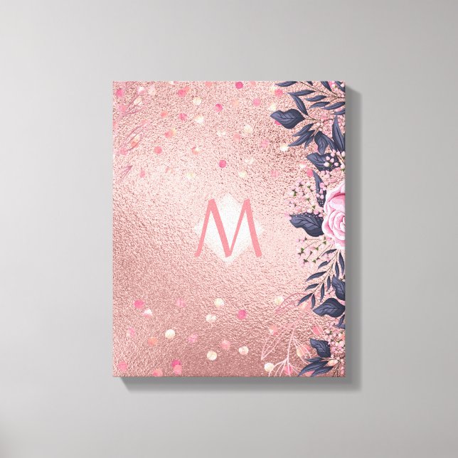 Girliest Ever ROSEGOLD Blue Pink Floral MONOGRAM Canvas Print (Front)