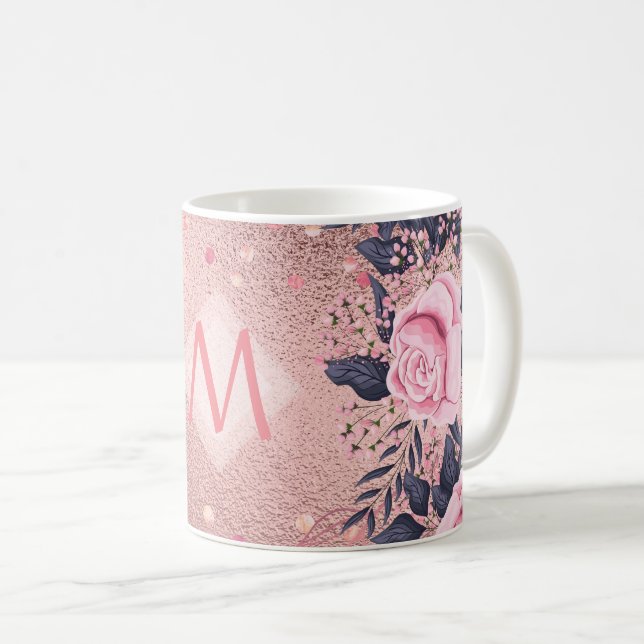 Girliest Ever ROSEGOLD Blue Pink Floral MONOGRAM Coffee Mug (Front Right)