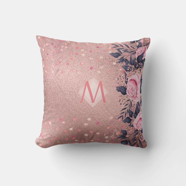 Girliest Ever ROSEGOLD Blue Pink Floral MONOGRAM Cushion (Front)
