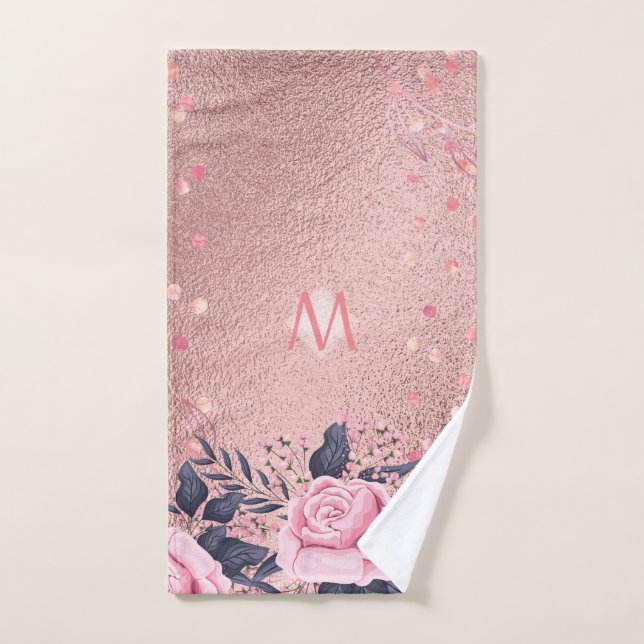 Girliest Ever ROSEGOLD Blue Pink Floral MONOGRAM Hand Towel (Hand Towel)