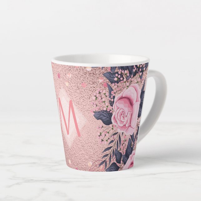 Girliest Ever ROSEGOLD Blue Pink Floral MONOGRAM Latte Mug (Right Angle)