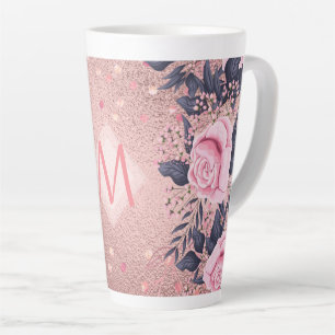Girliest Ever ROSEGOLD Blue Pink Floral MONOGRAM Latte Mug