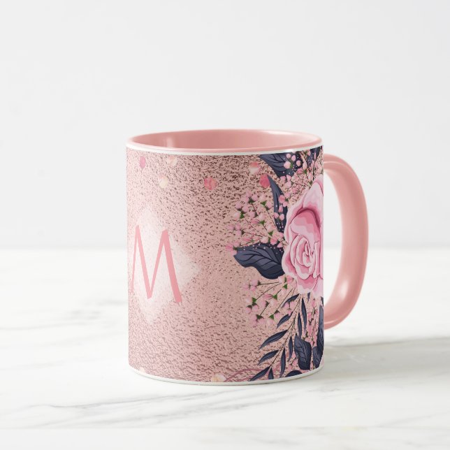 Girliest Ever ROSEGOLD Blue Pink Floral MONOGRAM Mug (Front Right)