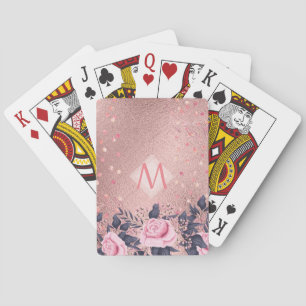 Girliest Ever ROSEGOLD Blue Pink Floral MONOGRAM Playing Cards