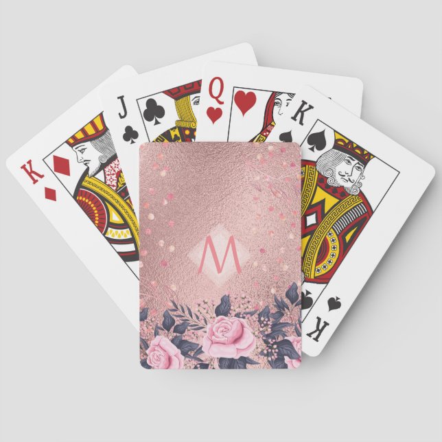 Girliest Ever ROSEGOLD Blue Pink Floral MONOGRAM Playing Cards (Back)
