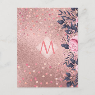 Girliest Ever ROSEGOLD Blue Pink Floral MONOGRAM Postcard