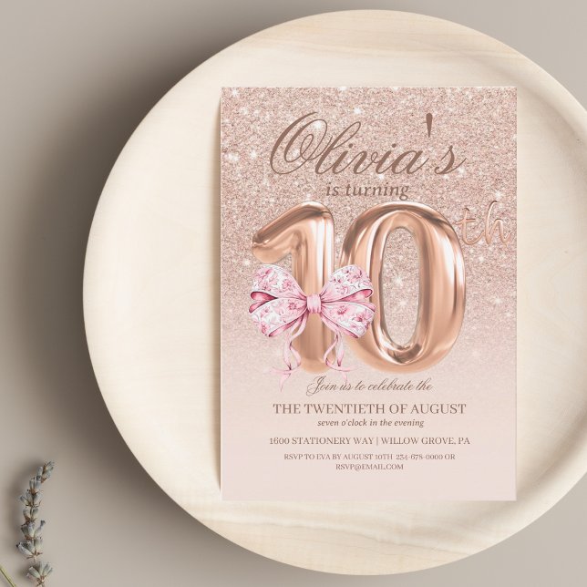 Girls 10th Birthday Bow Rose Gold Birthday Invitation (Creator Uploaded)