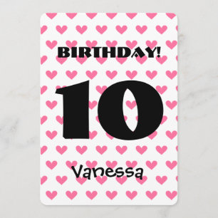 Girl's 10th Birthday Custom Name Modern W09 HEARTS Invitation