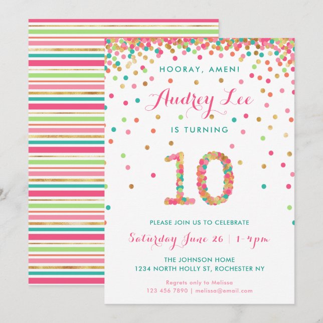 Girls 10th Birthday Invitation birthday party (Front/Back)
