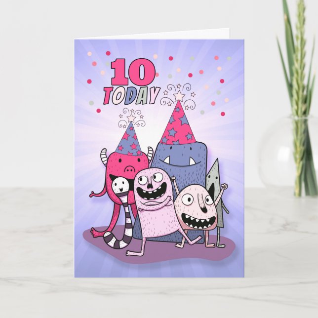 Girls 10th Birthday Pink n Purple Cartoon Monsters Card (Front)