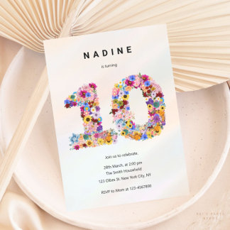 Girls 10th Birthday Tenth Birthday Floral Garden Invitation