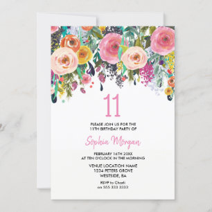 Girls 11th Birthday Party Invite Pink Flowers