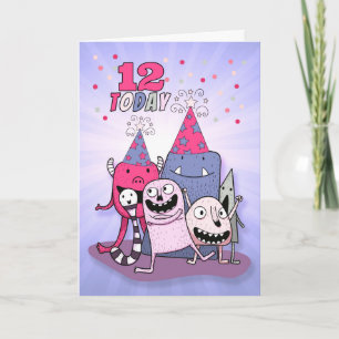 Girls 12th Birthday Pink n Purple Cartoon Monsters Card