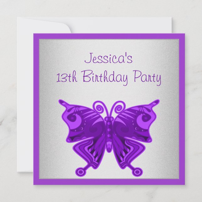 Girls 13th Birthday Bright Purple Butterfly Silver Invitation (Front)