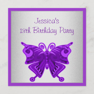 Girls 13th Birthday Bright Purple Butterfly Silver Invitation