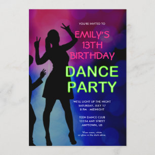 Girl's 13th Birthday Neon Dance Party Invitation