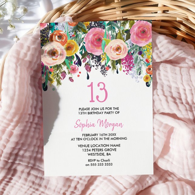 Girls 13th Birthday Party Invite Pink Flowers (Creator Uploaded)