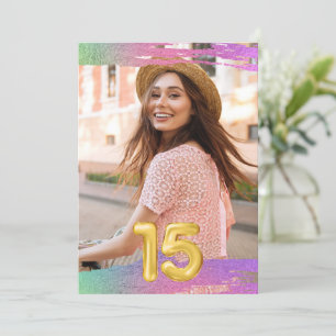 Girls 15th Fifteen Balloon Photo Birthday Party Invitation