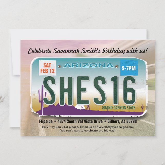 Girl's 16th Birthday Arizona License Invitation (Front)