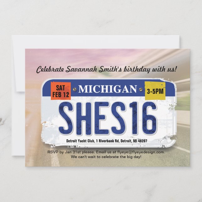 Girl's 16th Birthday Michigan License Invitation (Front)