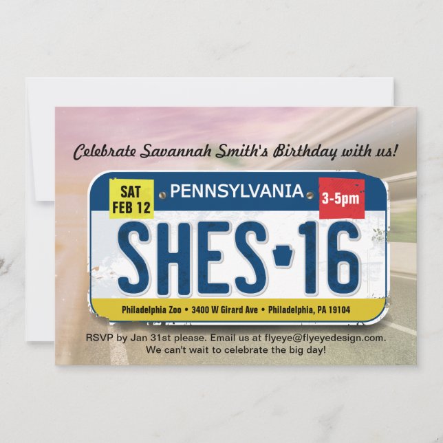 Girl's 16th Birthday Pennsylvania Invitation (Front)