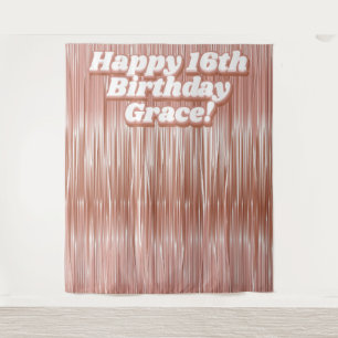 Girls 16th Birthday Rose Gold Faux Tinsel Backdrop Tapestry
