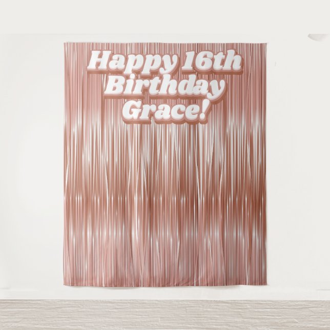 Girls 16th Birthday Rose Gold Faux Tinsel Backdrop Tapestry (Front)