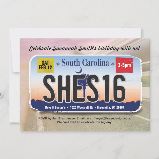 Girl's 16th Birthday South Carolina License Invite (Front)
