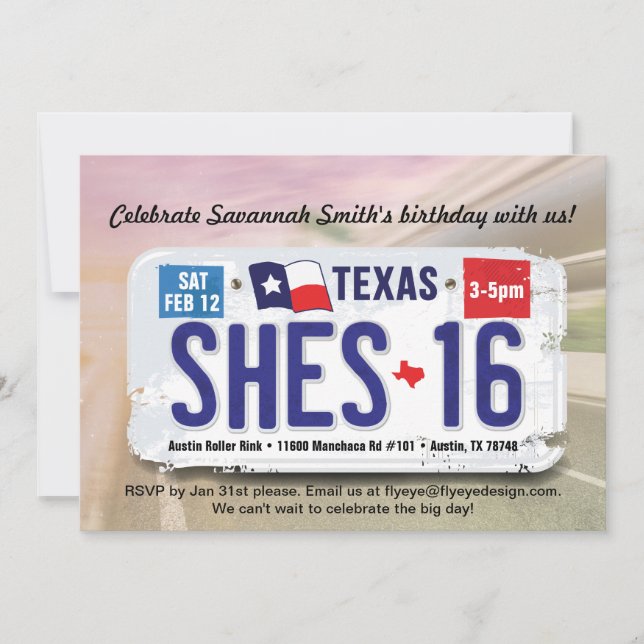 Girl's 16th Birthday Texas License Invitation (Front)