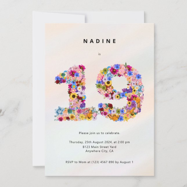 Girls 19th Birthday Invitation Nineteen Party (Front)