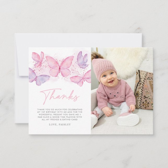 Girls 1st Birthday Butterfly Photo Thank You Card (Front)