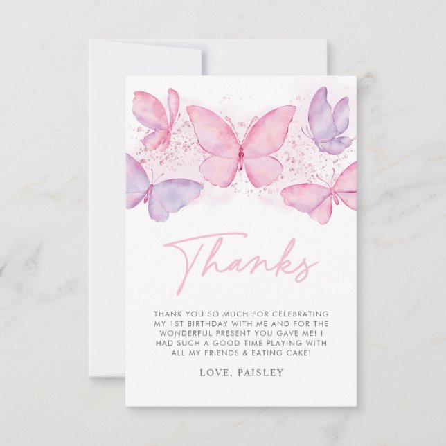 Girls 1st Birthday Butterfly Thank You Card (Front)