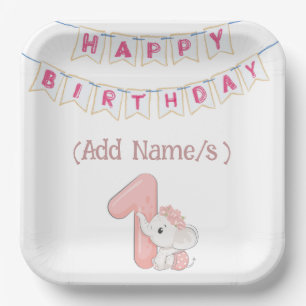Girls 1st Birthday Cute Elephant and Bunting Paper Plate