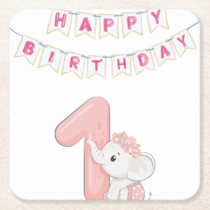 Girls 1st Birthday Cute Elephant and Bunting Square Paper Coaster