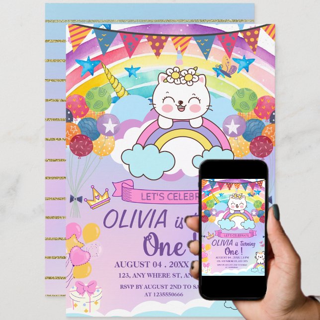  Girl's 1st Birthday Cute Unicorn Cat On Rainbow  Invitation (Creator Uploaded)