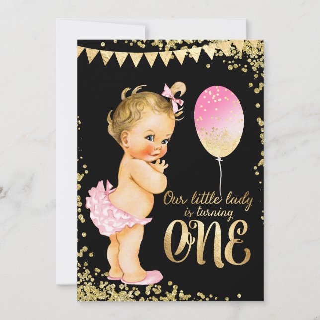 Girls 1st Birthday Gold Foil Glitter Invitation (Front)