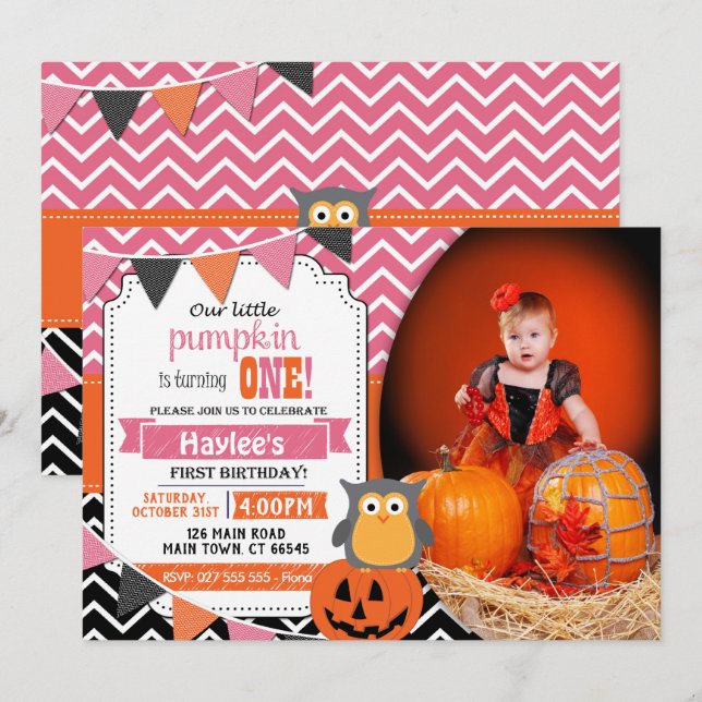 Girls 1st Birthday Halloween Birthday Invite (Front/Back)