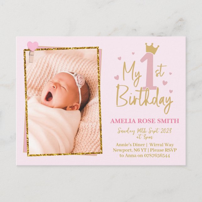 Girls 1st birthday invitation, glitter invitation postcard (Front)