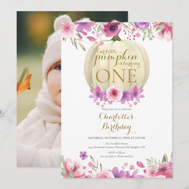 Girls 1st Birthday Little Pumpkin Floral Photo Invitation (Front/Back)