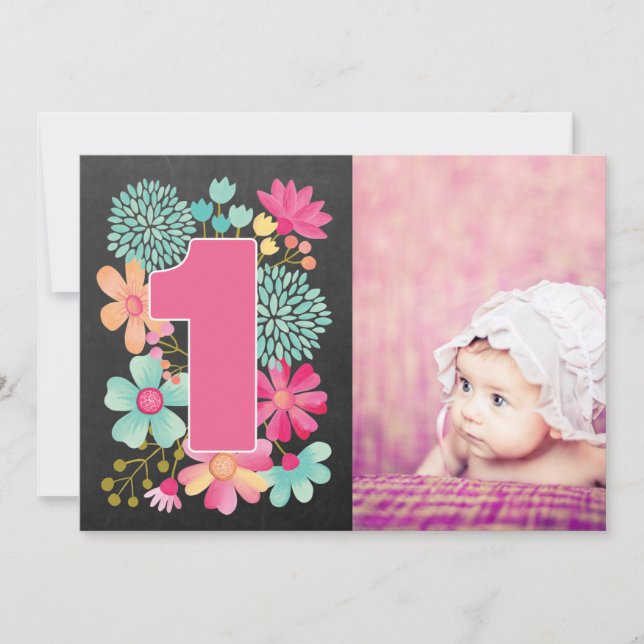 Girls 1st Birthday Number 1 Photo Invitation (Front)