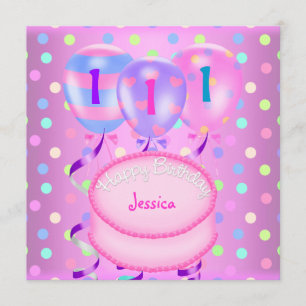 Girls 1st Birthday Party Balloons Cake Streamers Invitation