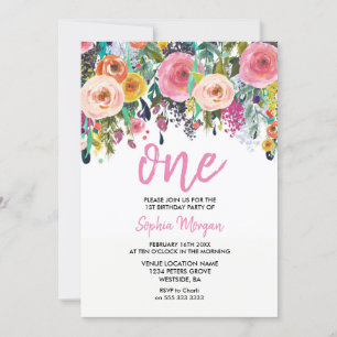 Girls 1st Birthday Party Invite Pink Flower Peach