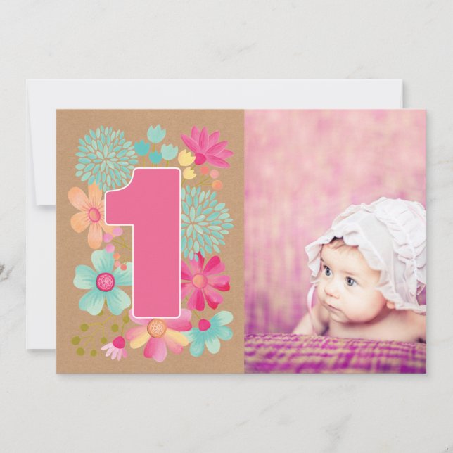Girls 1st Birthday Party Number Photo Invitation (Front)