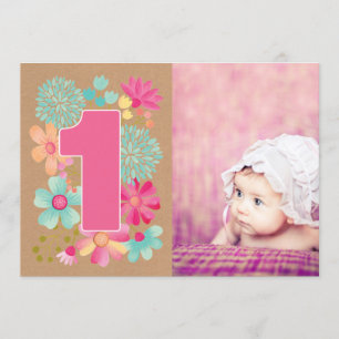 Girls 1st Birthday Party Number Photo Invitation