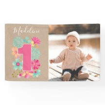 Girls 1st Birthday Party Number Photo Party Banner