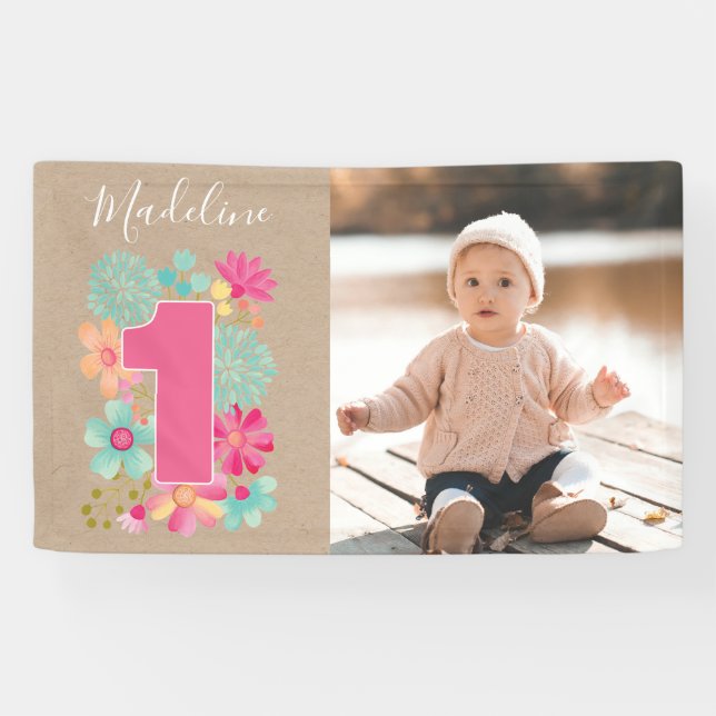 Girls 1st Birthday Party Number Photo Party Banner (Horizontal)